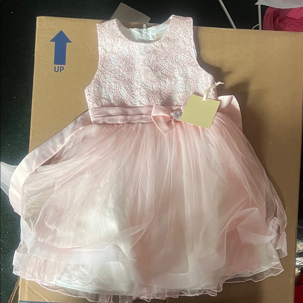 Peaches Uniforms Pink Lace Dress with Bow